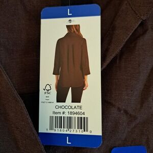 Matty M Womens Chocolate Brown Linen Blend 3/4 Sleeve Button Down Shirt LG NWT